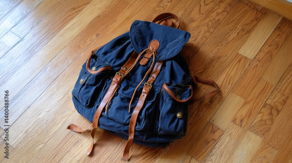Poster A close-up view of a navy blue backpack with durable straps rests on a smooth wooden table, illuminated by soft natural light, featuring a muted green background