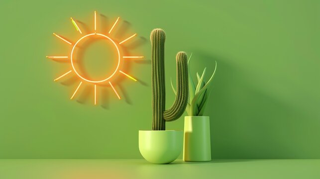 A 3D rendered image shows a sun and a cactus set against a green background with a captivating neon light effect. 