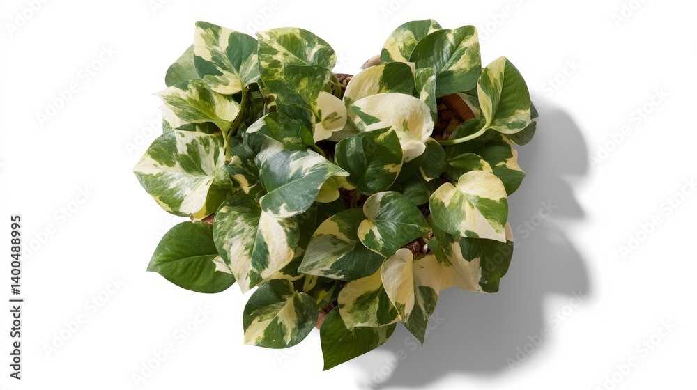 Poster Heart-shaped pothos leaves display beautiful variegation with rich green tones isolated on a white backdrop, emphasizing their unique patterns and shadows