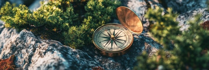 Creative broken compass with tree branches instead of needles lost in nature among rocks and greenery during daylight hours