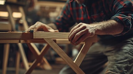 Carpenter assembling a wooden chair frame. Featuring skill and precision