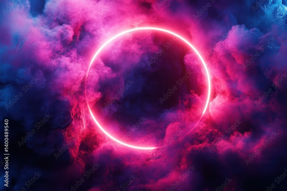 Poster colorful glowing circle surrounded by vibrant clouds at dusk creates an ethereal atmosphere in the s