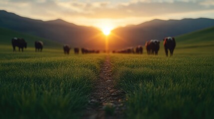 Obraz premium Cows graze on a grassy field path at sunset, mountains in the background