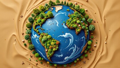 A creative interpretation of Earth with tree trunks forming the continents, showcasing the interdependence of life and the planet.