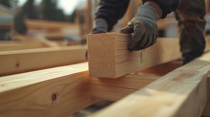 Carpenter assembling wooden beams for a house frame. Featuring structural integrity and design