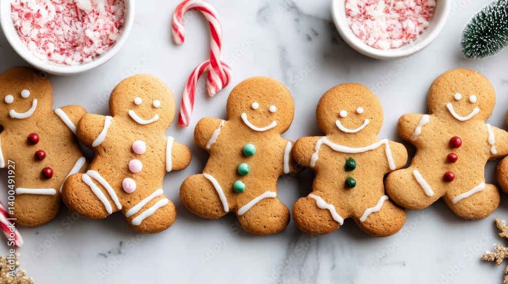 Poster cheerful gingerbread men cookies adorned with royal icing smile while holding tiny candy canes, crea