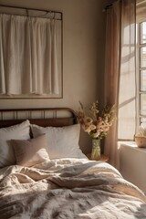 Elegant Interior with Draped Curtains and Soft Natural Light