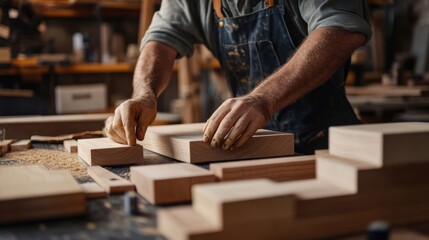 Carpenter assembling wooden shelves in a workshop. Featuring attention to detail and skill