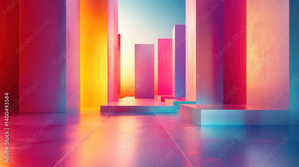 Poster vibrant geometric cityscape filled with colorful skyscrapers displaying a mix of bright hues and sle