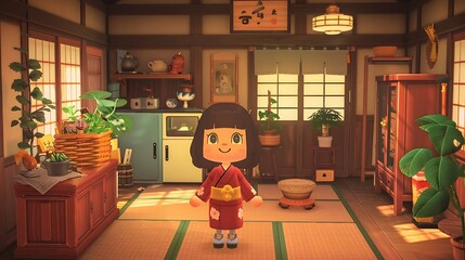 Naklejka premium A japanese-style kitchen/living room, featuring a character in a kimono.