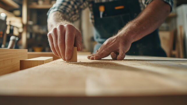 Carpenter constructing custom wooden cabinetry for a kitchen. Featuring craftsmanship and detail