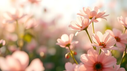 Obraz premium Soft Pink Cosmos Flowers in Dreamy Sunlight