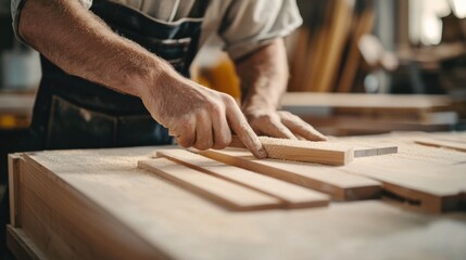 Carpenter creating custom cabinetry for a kitchen. Featuring precision and customization