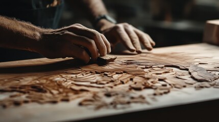 Obraz premium Carpenter cutting intricate wood designs for custom furniture. Featuring precision and artistry