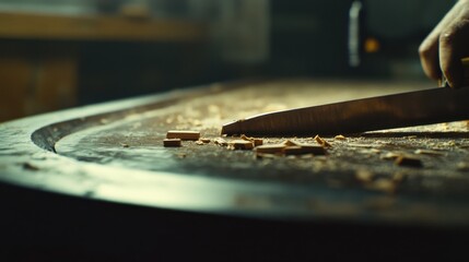 Obraz premium Carpenter cutting wood for a custom cabinet. Featuring craftsmanship and precision
