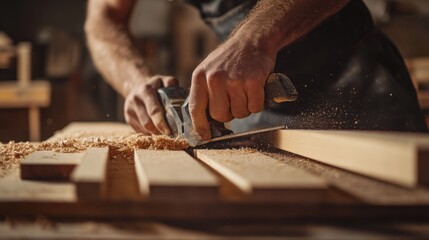 Carpenter cutting wood planks for a custom furniture project. Featuring focus and craftsmanship