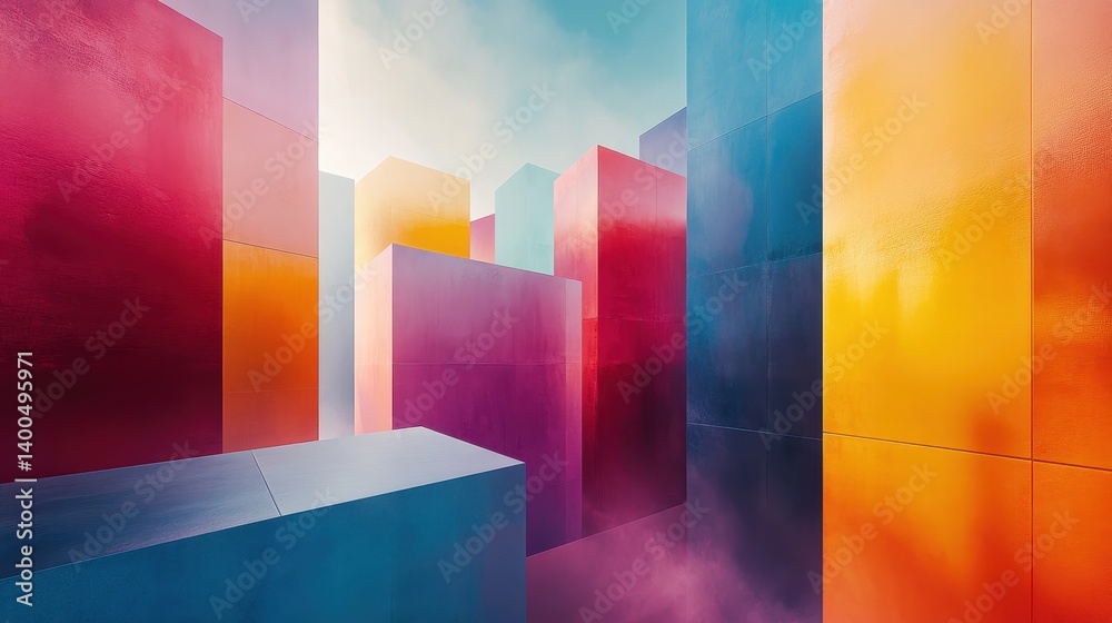 Poster vibrant geometric cityscape filled with colorful skyscrapers displaying a mix of bright hues and sle