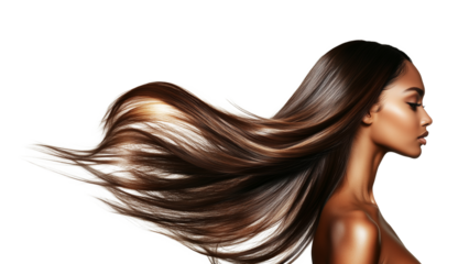 A beautiful black woman with long golden-brown flowing hair. Beauty and hair care concept. Isolated on a transparent or a white background, cut-out, PNG	