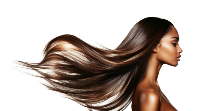 A beautiful black woman with long golden-brown flowing hair. Beauty and hair care concept. Isolated on a transparent or a white background, cut-out, PNG	