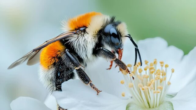 Macro shot of a bumblebee collecting nectar from a white flower with vivid detail and soft green background, showcasing pollination and nature's beauty