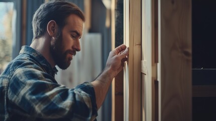 Carpenter fitting a wooden door frame into a wall. Featuring precision and craftsmanship