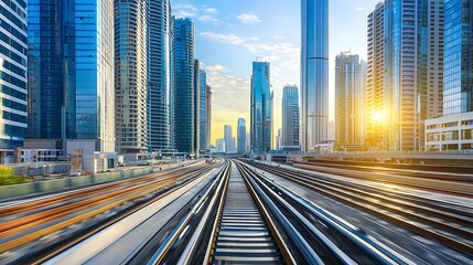 Modern cityscape with metro tracks. Urban infrastructure and transit system