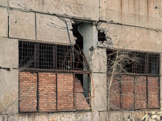 destroyed and burned houses in the city in Ukraine