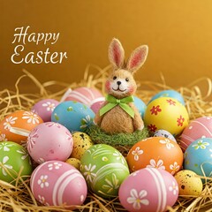 An adorable bunny nestled comfortably among colorful easter eggs in a cozy setting