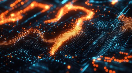 Obraz premium Abstract representation of a network depicted with interconnected orange human icons on a dark blue background