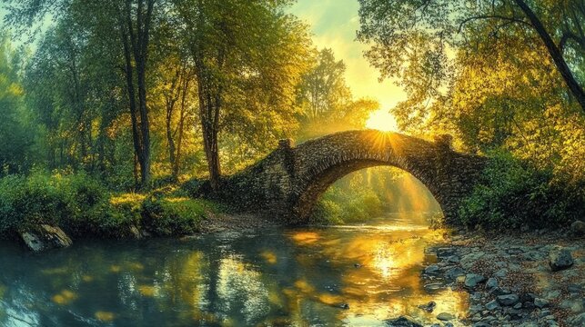 Ancient Stone Bridge Over Serene Stream in Lush Forest with Golden Sunlight Filtering Through Green Trees