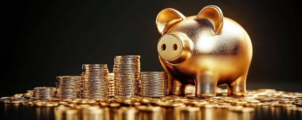 Golden Piggy Bank with Coin Stacks for Savings and Investments