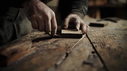 Carpenter installing a wooden floorboard. Featuring precision and technique