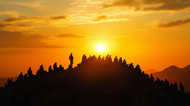 Silhouette of Pilgrims on Arafat at Sunset