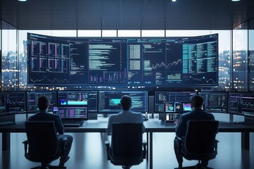 Data analysts monitor real-time analytics in a high-tech office with multiple screens displaying data trends during nighttime in a city skyline backdrop