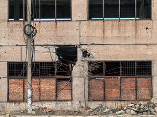 destroyed and burned houses in the city in Ukraine