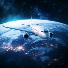 Airplane flying above Earth in space.  Detailed view of the plane and the globe