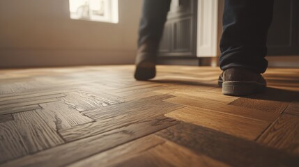 Carpenter installing hardwood flooring. Featuring craftsmanship and precision