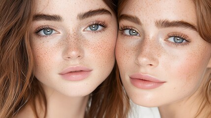 Fototapeta premium Close Up of Two Fair Skinned Women with Glitter Freckles and Sparkly Eyebrows