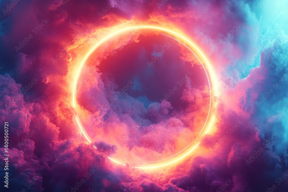 Poster Bright celestial phenomenon occurs with vibrant colors behind clouds in a unique cosmic display over the horizon during twilight hours