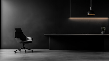 Minimalist black office with modern chair and sleek desk, embodying simplicity and elegance in design.