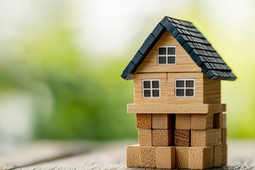 Wooden block with house - miniature artistic model, sitting on a rustic table. Bright colors, detailed craftsmanship, charming decor piece.