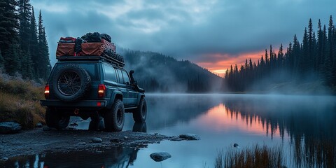 Sunrise lakeside vehicle scenic adventure