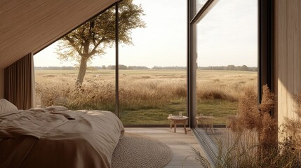 Fototapeta premium A serene bedroom with expansive field views.