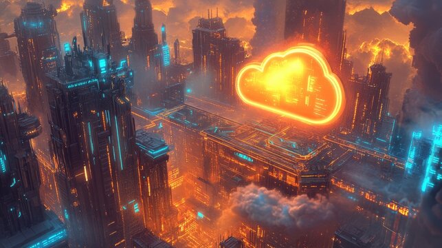 A digital illustration featuring a neon-lit cityscape with glowing lines forming a grid pattern.