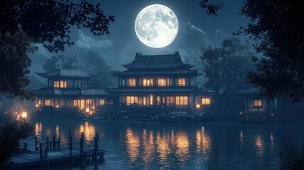 Serene Moonlit Night at a Traditional Asian Lakeside Residence