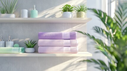 Soft pastel towels and fresh greenery enhance a tranquil bathroom sanctuary with a modern aesthetic and organized charm