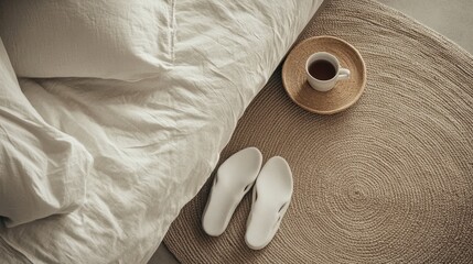 Cozy bedroom retreat with linen bedding, soft slippers, and a tranquil tea moment captured from above