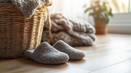 Cozy woolen slippers on a wooden floor nestled near a woven basket filled with a soft blanket in a bright Scandinavian interior during morning light