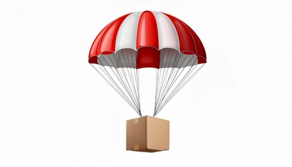 Obraz premium A red and white parachute with brown box attached to it isolated on a white background 