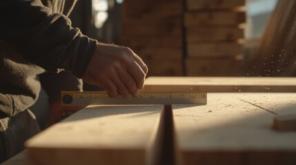 Carpenter measuring and cutting wooden planks at a residential build site. Featuring craftsmanship and accuracy